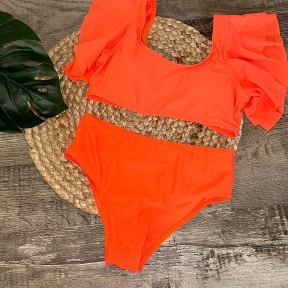 SHEIN Other - SHEIN girls size 10 orange ruffled sleeve 2 piece swimsuit NWOT